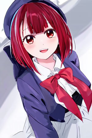 Arima Kana, a bright-eyed and blushing beauty, gazes directly at the viewer with a subtle smile. Her short, blunt-cut red locks are styled with bangs framing her heart-shaped face. She wears a school uniform featuring a collared shirt, long sleeves, and a pleated skirt under an open jacket. A white vest peeks out from beneath the jacket, showcasing her toned upper body. A black bow adorns her hat, complemented by a red bow tie around her neck. Her eyes gleam with a fiery intensity, as if daring anyone to approach.