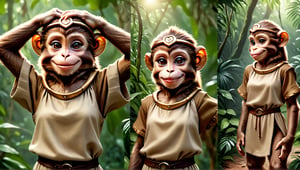 photorealistic,  
A little thin brown monkey anthro with brown eyes in a realistic furry style, happy smile, dressed in very simple style medieval tunic, 
 jungle scene,wearing a tight headhoop on head ,