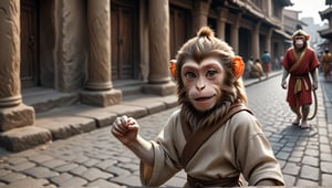 A juvenile male monkey dressed in very simple style plain cloth tunic, in a realistic furry style, 
happy, detailed eyes, photorealistic,  
thick hair on top of head .
Scene on the streets of ancient times.