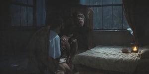 A realistic photo,
Late at night, in the dense forest,
In a dilapidated thatched house,
Kneeling in front of the bed was a young bonobo in plain clothes.
He smiled very happily and looked intently at the human teacher sitting on the bed.
The moonlight shines in through the dilapidated windows,
Cool blue night light. The lighting is very realistic and a masterpiece with intricate details.