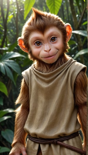 A brown juvenile male monkey dressed in very simple style plain cloth medieval tunic, in a realistic furry style, 
happy, photorealistic,  
jungle scene,