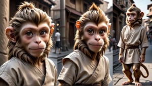 A juvenile male monkey dressed in very simple style plain cloth tunic, in a realistic furry style, 
happy, detailed eyes, photorealistic,  
The face is long and thin, Beckham hairstyle, Faux Hawk .
Scene on the streets of ancient times.