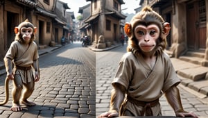 A juvenile male monkey dressed in very simple style plain cloth tunic, in a realistic furry style, 
happy, detailed eyes, photorealistic,  
The hair is trimmed gradually from both sides, and the hair on the top of the head is slightly longer..
Scene in ancient street,