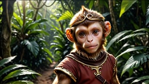 A brown juvenile male monkey dressed in very simple style medieval tunic, in a realistic furry style, 
photorealistic,  
jungle scene,wearing a tight headhoop on head ,