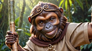 realistic photo, insane details, 
A little thin brown bonobo anthro with brown eyes in a realistic furry style, with a handsome, happy smile, dressed in very simple style medieval tunic, wearing a tight headhoop on head ,
holds up a beautifully carved long stick in his right hand. 
His left hand is tucked out of sight in his pocket. 
In the background an out-of-focus jungle scene, detailed eyes, fantasy style, smirking, full body.
wearing a tight headhoop on head