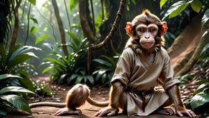 A brown juvenile male monkey dressed in very simple style plain cloth tunic, in a realistic furry style, 
looked naughty, photorealistic,  
jungle scene,