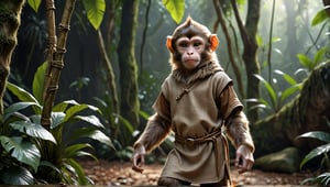 A brown juvenile male monkey dressed in very simple style plain cloth medieval tunic, in a realistic furry style, 
photorealistic,  
jungle scene,