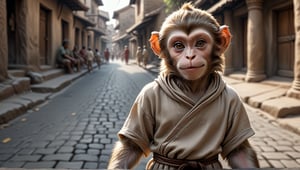 A juvenile male monkey dressed in very simple style plain cloth tunic, in a realistic furry style, 
happy, detailed eyes, photorealistic,  
Scene on the streets of ancient times.