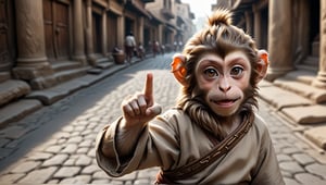 A juvenile male monkey dressed in very simple style plain cloth tunic, in a realistic furry style, 
happy, detailed eyes, photorealistic,  
and hair on top of head pointing upward .
Scene on the streets of ancient times.