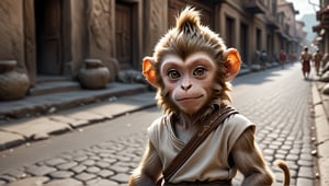 A juvenile male monkey dressed in very simple style plain cloth tunic, in a realistic furry style, 
happy, detailed eyes, photorealistic,  
and it has a mohawk-like texture on its head .
Scene on the streets of ancient times.