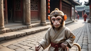 A juvenile male monkey dressed in very simple style plain cloth tunic, in a realistic furry style, 
happy, photorealistic,  
Scene on the streets of ancient China,