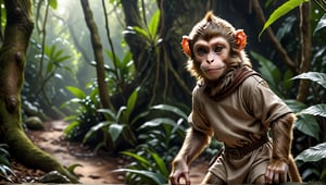 A brown juvenile male monkey dressed in very simple style plain cloth medieval tunic, in a realistic furry style, 
looked naughty, photorealistic,  
jungle scene,