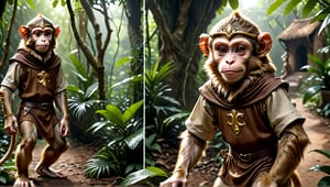 A brown juvenile male monkey dressed in very simple style medieval tunic, in a realistic furry style, 
photorealistic,  
Naughty expression,  
jungle scene,wearing a tight headhoop on head ,