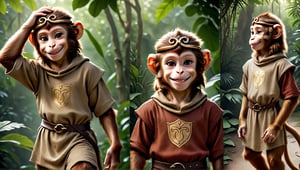 A brown juvenile male monkey dressed in very simple style medieval tunic, in a realistic furry style, 
photorealistic,  
happy smile,  
jungle scene,wearing a tight headhoop on head ,