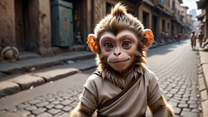 A juvenile male monkey dressed in very simple style plain cloth tunic, in a realistic furry style, 
happy, detailed eyes, photorealistic,  and it has a mohawk-like texture on its head.
Scene on the streets of ancient times,