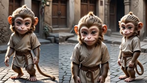 A juvenile male monkey dressed in very simple style plain cloth tunic, in a realistic furry style, 
happy, detailed eyes, photorealistic,  
The hair is trimmed gradually from both sides, and the hair on the top of the head is slightly longer..
Scene in ancient street,