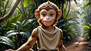 A brown juvenile male monkey dressed in very simple style plain cloth tunic, in a realistic furry style, 
happy face, photorealistic,  
jungle scene,wearing a tight headhoop on head ,