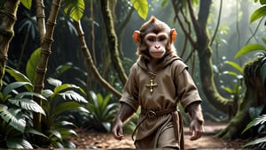 A brown juvenile male monkey dressed in very simple style plain cloth medieval tunic, in a realistic furry style, 
photorealistic,  
jungle scene,