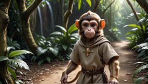 A brown juvenile male monkey dressed in very simple style plain cloth medieval tunic, in a realistic furry style, 
photorealistic,  
jungle scene,