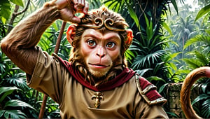 A brown juvenile male monkey dressed in very simple style medieval tunic, in a realistic furry style, 
photorealistic,  
Naughty expression,  
jungle scene,wearing a tight headhoop on head ,