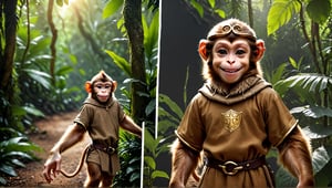 A brown juvenile male monkey dressed in very simple style medieval tunic, in a realistic furry style, 
happy smile, photorealistic,  
jungle scene,wearing a tight headhoop on head ,