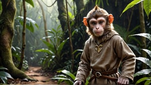 A brown juvenile male monkey dressed in very simple style plain cloth medieval tunic, in a realistic furry style, 
photorealistic,  
jungle scene,