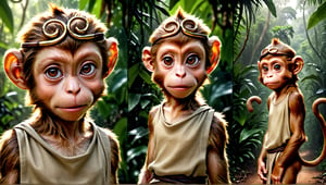 A brown juvenile male monkey dressed in very simple style plain cloth tunic, in a realistic furry style, 
funny expression, photorealistic,  
jungle scene,wearing a tight headhoop on head ,