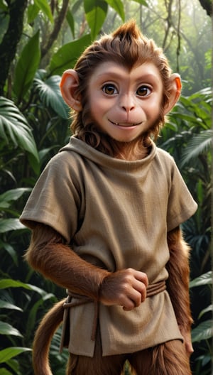 A brown juvenile male monkey dressed in very simple style plain cloth medieval tunic, in a realistic furry style, 
happy, photorealistic,  
jungle scene,