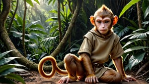 A brown juvenile male monkey dressed in very simple style plain cloth medieval tunic, in a realistic furry style, 
looked naughty, photorealistic,  
jungle scene,