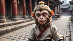 A juvenile male monkey dressed in very simple style plain cloth tunic, in a realistic furry style, 
happy, detailed eyes, photorealistic,  and it has a mohawk-like texture on its head.
Scene on the streets of ancient China,