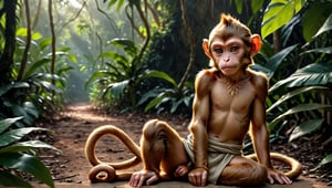 A brown juvenile male monkey dressed in very simple style plain cloth tunic, in a realistic furry style, 
looked naughty, photorealistic,  
jungle scene,