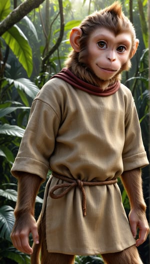 A brown juvenile male monkey dressed in very simple style plain cloth medieval tunic, in a realistic furry style, 
happy, photorealistic,  
jungle scene,