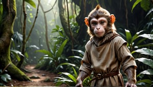 A brown juvenile male monkey dressed in very simple style plain cloth medieval tunic, in a realistic furry style, 
photorealistic,  
jungle scene,