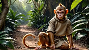 A brown juvenile male monkey dressed in very simple style plain cloth medieval tunic, in a realistic furry style, 
looked naughty, photorealistic,  
jungle scene,