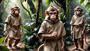 A brown juvenile male monkey dressed in very simple style plain cloth medieval tunic, in a realistic furry style, 
looked naughty, photorealistic,  
jungle scene,