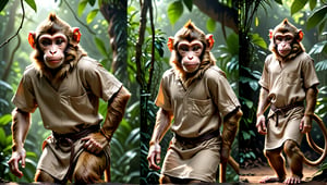 A brown juvenile male monkey dressed in very simple style plain cloth tunic, in a realistic furry style, 
looked naughty, photorealistic,  
jungle scene,