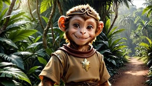 A brown juvenile male monkey dressed in very simple style medieval tunic, in a realistic furry style, 
happy smile, photorealistic,  
jungle scene,wearing a tight headhoop on head ,