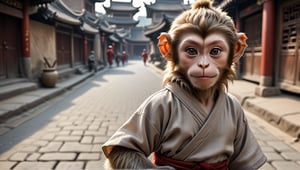 A juvenile male monkey dressed in very simple style plain cloth tunic, in a realistic furry style, 
happy, detailed eyes, photorealistic,  
Scene on the streets of ancient China,