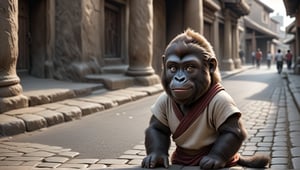 A juvenile male gorilla dressed in very simple style plain cloth tunic, in a realistic furry style, 
happy, detailed eyes, photorealistic,  
thick hair on top of head .
Scene on the streets of ancient times.