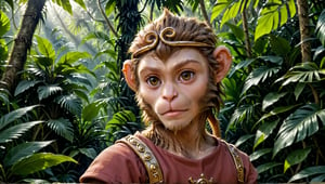 A brown juvenile male monkey dressed in very simple style medieval tunic, in a realistic furry style, 
photorealistic,  
jungle scene,wearing a tight headhoop on head ,