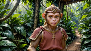 A brown juvenile male monkey dressed in very simple style medieval tunic, in a realistic furry style, 
photorealistic,  
jungle scene,wearing a tight headhoop on head ,