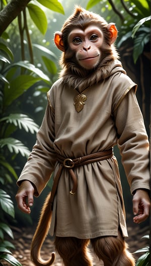 A brown juvenile male monkey dressed in very simple style plain cloth medieval tunic, in a realistic furry style, 
happy, photorealistic,  
jungle scene,