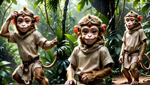 A brown juvenile male monkey dressed in very simple style plain cloth tunic, in a realistic furry style, 
happy face, photorealistic,  
jungle scene,wearing a tight headhoop on head ,