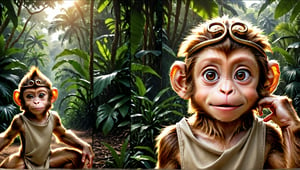 A brown juvenile male monkey dressed in very simple style plain cloth tunic, in a realistic furry style, 
funny face, photorealistic,  
jungle scene,wearing a tight headhoop on head ,