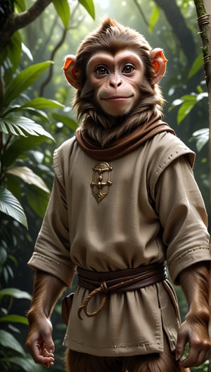 A brown juvenile male monkey dressed in very simple style plain cloth medieval tunic, in a realistic furry style, 
happy, photorealistic,  
jungle scene,