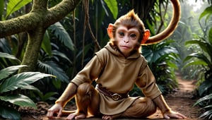 A brown juvenile male monkey dressed in very simple style plain cloth medieval tunic, in a realistic furry style, 
looked naughty, photorealistic,  
jungle scene,