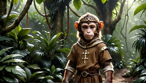 A brown juvenile male monkey dressed in very simple style medieval tunic, in a realistic furry style, 
photorealistic,  
jungle scene,wearing a tight headhoop on head ,