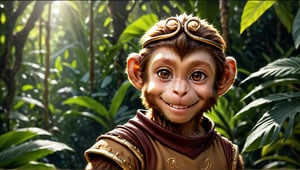 A brown juvenile male monkey dressed in very simple style medieval tunic, in a realistic furry style, 
happy smile, photorealistic,  
jungle scene,wearing a tight headhoop on head ,