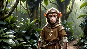 A brown juvenile male monkey dressed in very simple style medieval tunic, in a realistic furry style, 
photorealistic,  
jungle scene,wearing a tight headhoop on head ,