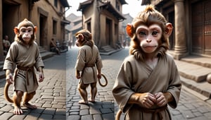 A juvenile male monkey dressed in very simple style plain cloth tunic, in a realistic furry style, 
happy, detailed eyes, photorealistic,  
The face is long and thin, and the hairstyle is like a chestnut head.
Scene on the streets of ancient times.